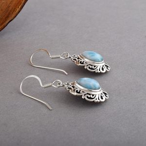 2026 New <b>Solid</b> 925 Sterling <b>Silver</b> Fine Drop <b>Earrings</b> With Tear Drop Natural Larimar Stone Bezel Setting Vintage Style For Women - Product Image 2