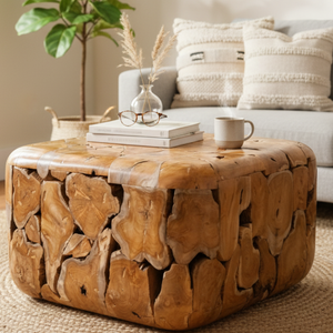Mesa de Centro ARTERRA Premium Hecha a Mano con Cubos de Raíz de Teca Rústica, Diseño Cuadrado con Textura de Madera Natural, Muebles para Sala de Estar - Product Image 4