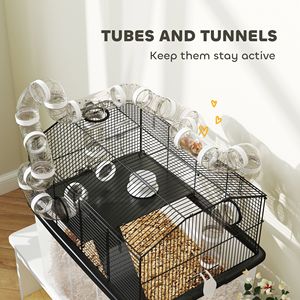 Gabbia per l'allevamento di criceti a 2 livelli con vassoio profondo 30 cm, sistema a tubi, borraccia, rampa, ciotola per l'alimentazione, 58x43x56 cm, Nera - Product Image 6