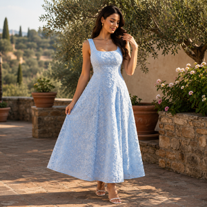 Elegante Vestido Maxi Jacquard Floral Azul Cielo para Mujer |   Vestido largo premium sin mangas con cuello cuadrado y corte en A para fiesta, boda o verano. - Product Image 4