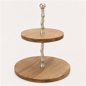 Support à gâteau à 2 niveaux en bois de manguier, support de présentation artisanal pour desserts et cupcakes avec poignée en aluminium pour mariage et fête - Product Image 1