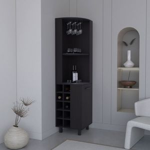 Mueble Bar Esquinero Kaia de 70 Pulgadas de Alto en Color Negro Wengue con Cuatro Estantes, Diez Compartimentos para Botellas de Vino y Almacenamiento para Copas - Product Image 1