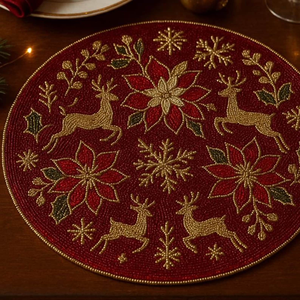 FAIZA CRAFT Handmade Embroidered Beaded Oval Placemat <b>Red</b> Christmas with Reindeer Poinsettia Design <b>Cross</b>-stitching Needlework - Product Image 2