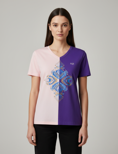 เสื้อยืดคอวีผ้าฝ้ายสำหรับผู้หญิง พรีเมียม 200 GSM - ลาย SQS สีชมพูและสีม่วง - Product Image 1