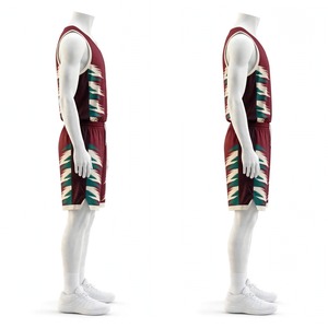 Tenue de basketball pour homme NEXTEX, maillot sans manches et short en polyester avec imprimé Chevron Glitch bordeaux et turquoise, kit de sublimation - Product Image 4