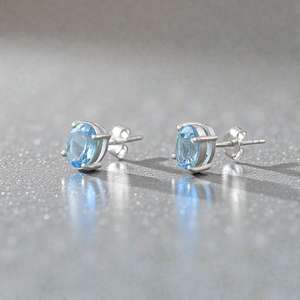 Genuine Swiss Blue Topaz Stud Earrings 925 Sterling <b>Silver</b> December Birthstone Jewelry Gift For Her Elegant - Product Image 5