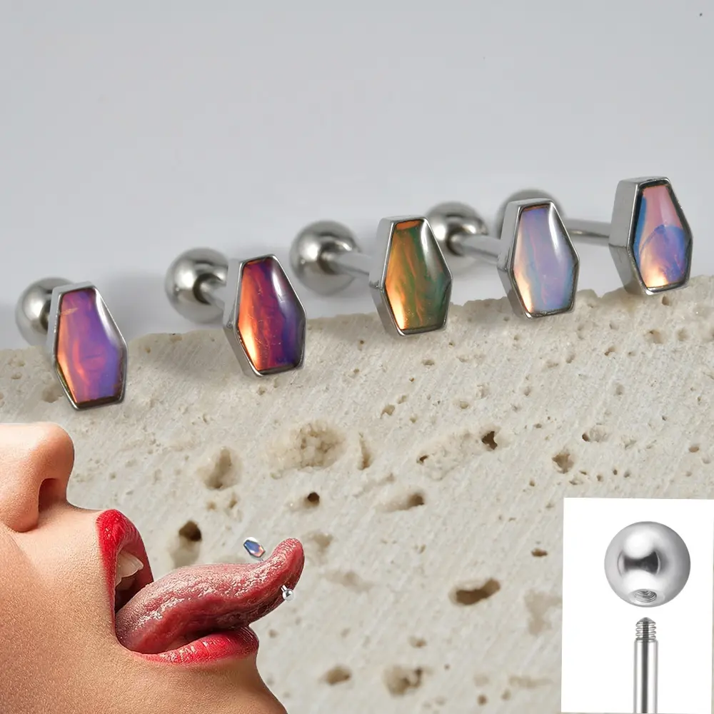 Surgical Steel Glitter Coffin Tongue Flash Film Barbell Tongue Piercing Punk Body Piercing Jewelry Wholesale