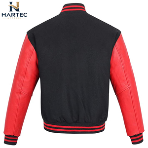 Veste universitaire personnalisée sur mesure en laine noire bicolore avec manches en cuir rouge vif, bordures contrastées et poches obliques, modèle vierge pour équipe personnalisée - Product Image 2
