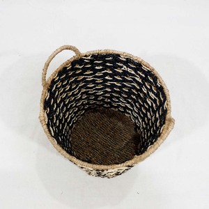 Panier cylindrique en jonc de mer et jute tressé à la main avec poignées, doublure imperméable pliable, pour rangement intérieur et couverture de pot de fleurs - Product Image 5