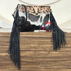 New 2026 Premium Genuine Leather Cowhide Crossbody Fringe Bag Hand Tooled Floral & Bull Shoulder Purse Hair On Hide Wholesale - Product Image 1