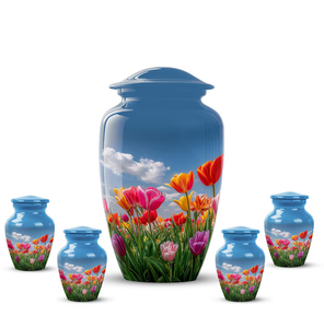 Aluminum Cremation Urn Adult Ashes <b>Memorial</b> Keepsake <b>Vase</b> Custom Floral Sky Finish with Drawstring Bag - Product Image 1
