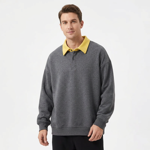 Sweat-shirt décontracté surdimensionné à manches longues pour homme, en molleton gris et jaune, anti-rétrécissement, en polyester, avec col boutonné - Product Image 1