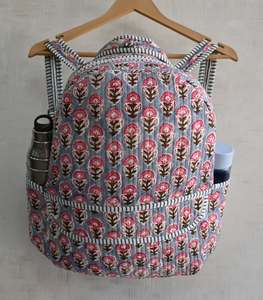 Handmade Luxury Cotton Quilted Lightweight Fashionable All Seasons <b>College</b> <b>Backpack</b> Indian Floral Block Printed Women's Travel - Product Image 2