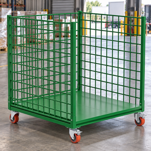 Carro de malla de acero verde industrial NEWTEK con plataforma de base sólida, diseño apilable, recubrimiento en polvo y cuatro ruedas con freno. - Product Image 4