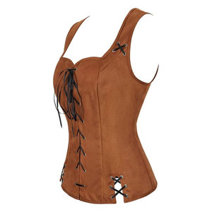Women's Brown PU Leather Corset <b>Top</b> <b>Criss</b>-<b>Cross</b> Lace-Up Square Neck Gothic Style Anti-Bacterial Chain Embroidery Outerwear Vest - Product Image 6