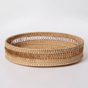 Round Rattan Serving <b>Tray</b> With Handles Eco-Friendly Woven Wicker Storage <b>Basket</b> for Coffee Table Ottoman Breakfast Fruit Platter - Product Image 2