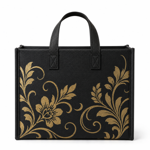 Black Nonwoven Felt Tote <b>Bag</b> Gold Floral Pattern Open Closure Hand Length Handle <b>Medium</b> <b>Size</b> Daily Use Custom Printed - Product Image 2