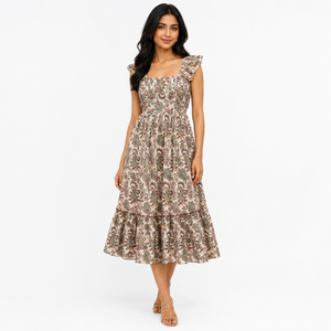 Robe midi décontractée pour femme à imprimé cachemire, manches courtes, col carré, coupe trapèze, en viscose et polyester tissé respirant, idéale pour l'été - Product Image 1