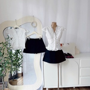 Conjunto de Blusa de Manga Corta con Cuello en V y Encaje Sólido, Falda Larga en Línea A, Mezcla de Algodón Transpirable para Primavera/Verano, Estilo Casual - Product Image 5