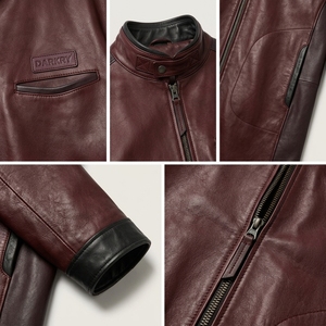 Abrigo de Cuero Genuino Color Granate para Hombre, Cuello Alto, Puños en Contraste, Chaqueta de Invierno Estilo Biker, Abrigo Personalizado, Proveedor de Fábrica - Product Image 6