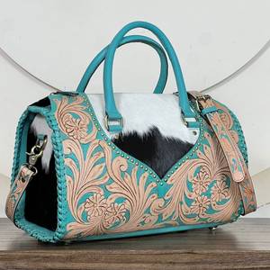 Handcrafted Designer <b>Tooled</b> Genuine Cowhide <b>Leather</b> bag Vintage Embossed Floral Travel Duffel Bag for Women's speedy bag - Product Image 4