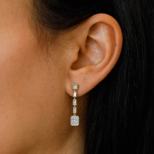 14k Solid <b>Gold</b> Natural Diamond Baguette Milgrain Bezel <b>Dangle</b> Hoop <b>Earings</b> Art Deco Inspired Vintage Style Elegant Fine Jewelry - Product Image 1