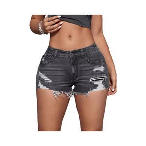 Shorts de Mezclilla Rectos de Cintura Alta a la Moda con Adornos de Diamantes de Imitación, Lavado a la Piedra, Diseño Desgastado y Roto para Mujer, Casual de Verano - Product Image 1