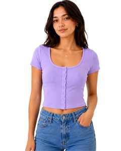 Custom Lavender Purple Women Ribbed Knit Crop <b>Top</b> Short Sleeve Button Front Slim Fit Square Neck Casual Summer Cotton T Shirt - Product Image 1