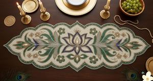 Oval Fabric Table <b>Runner</b> Handmade Oriental Floral Design <b>Green</b> Blue Embroidered Mat - Product Image 2