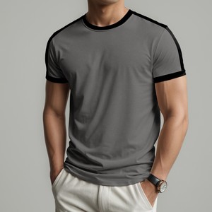 T-shirt à manches courtes pour homme, coupe classique, couleur unie, bordure contrastée, col rond, décontracté, tricoté en polyester, écologique, logo sur le devant - Product Image 5