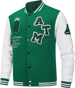 Chaqueta Varsity Unisex Verde con Letras ATM Bordadas, Mangas Blancas, Estilo Preppy, Cuello Alto, Corte Regular, Ropa de Invierno, Resistente al Viento - Product Image 2