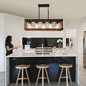 Lampadario a sospensione rettangolare industriale in legno rosso da 32 pollici con 5 luci e paralume - Product Image 5