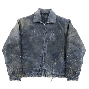 IBEX Vintage Distressed <b>Denim</b> Jacket Chenille Letter Patch Rhinestone Studded Oversized Streetwear Winter Jean <b>Coat</b> for Men - Product Image 6
