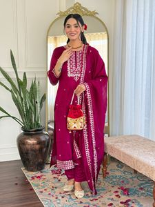 Premium and Elegant Women's Maroon CP Vichitra Embroidery Straight <b>Kurti</b> with CP Vichitra Pant And Printed Dupatta Sets - Product Image 1