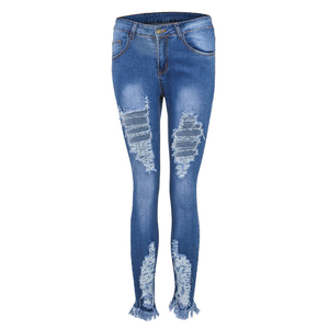 Jeans de Mezclilla Ajustados de Cintura Alta para Mujer, Personalizados, Desgastados, Estilo Vintage, Casuales, de Algodón Azul, para Otoño - Product Image 2