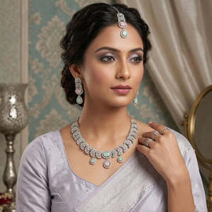 Jewelemarket Luxe American Diamond <b>Statement</b> <b>Necklace</b> Set 10575432GR-Geometric Fine Jewelry Imitation Pearl Zircon for Bridal - Product Image 1