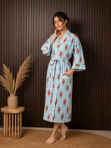 Robe longue en coton pour femmes, imprimé homard, rayée, manches trois quarts, col en V, peignoir décontracté avec fermeture à cordon - Product Image 1