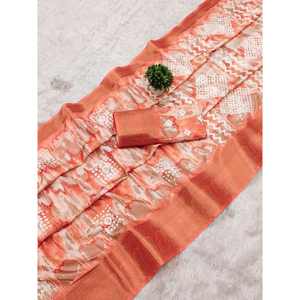 DISEÑADOR DOLA IMPRESIÓN DIGITAL DE SEDA CON KANJIVARAM FRONTERA TRABAJO SAREE CON BOLUSE DESCOSTADO NARANJA - Product Image 1