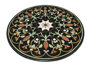 Plateau de table basse de salon traditionnel en marbre blanc écologique avec incrustation semi-précieuse - Product Image 1