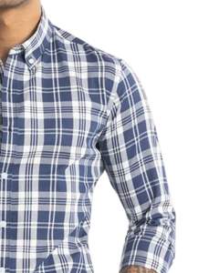 Customized <b>Men</b> Navy Blue And <b>White</b> Plaid Cotton <b>Shirt</b> <b>Long</b> <b>Sleeve</b> Button Down Casual Checked <b>Shirt</b> OEM Factory Custom Fit Wear - Product Image 2