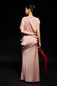 Conjunto de Dos Piezas para Mujer, Verano, Mezcla de Seda, Color Sólido, Asimétrico, Elegante, Corte Diagonal, Cuello Redondo, Manga Corta, Falda Informal y Camisa - Product Image 4