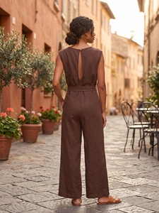 Combinaison marron sans manches en rayonne, col en V, longueur cheville, dos à découpe, ceinturée, coupe classique, décontractée d'été, tissée, respirante et confortable - Product Image 5