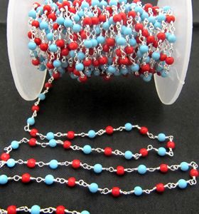 Cadena de Cuentas Redondas Lisas de Cuarzo Coral y Turquesa de 3mm con Alambre Envolvente - Product Image 1