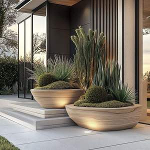 Grand pot de fleurs texturé en fibre de verre FRP avec base de drainage, conteneur de jardin rond classique pour espaces intérieurs et extérieurs - Product Image 4