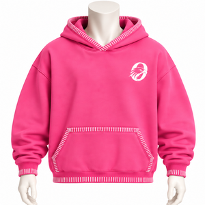 เสื้อฮู้ดดี้สีชมพูสด แต่งขอบเย็บแบบดิสเทรส ทรงโอเวอร์ไซส์ พร้อมกระเป๋าจิงโจ้ ตัดเย็บด้วยด้ายตัดสี สไตล์สตรีทแวร์ลำลอง - Product Image 1
