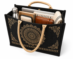 Bolsa de Yute Negra con Estampado de Mandala, Ecológica, Reutilizable, para Bodas, Fiestas, Exposiciones, Compras, Diseño Étnico, Logotipo Personalizado - Product Image 3
