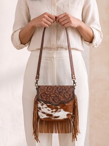 Vintage Genuine Leather Shoulder Bag Fringe Crossbody <b>Purse</b> Embossed Floral Pattern for Daily Travel - Product Image 5