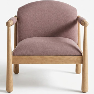 Fauteuil artisanal en teck à dossier rond, tissu mauve de luxe, siège de réception pour salon - Product Image 1