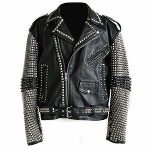 Blouson de motard unisexe en cuir clouté style punk, décontracté, en toile unie respirante pour l'hiver - Product Image 1