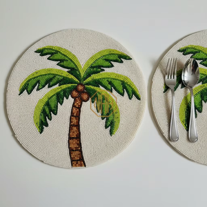 Handmade Beaded Saudi National Day <b>Placemat</b> Green Palm Tree Crossed Swords Dining Table Mat <b>Round</b> Glass Bead Tableware Linens - Product Image 5